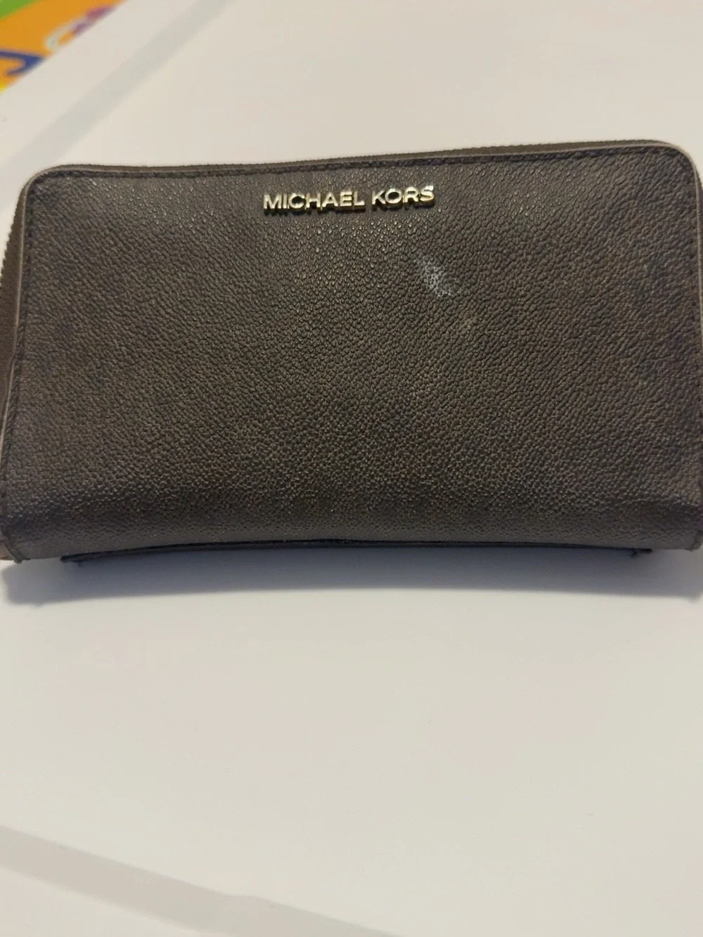 Michael Kors Black Leather Zip Wallet with Gold Logo Plaque